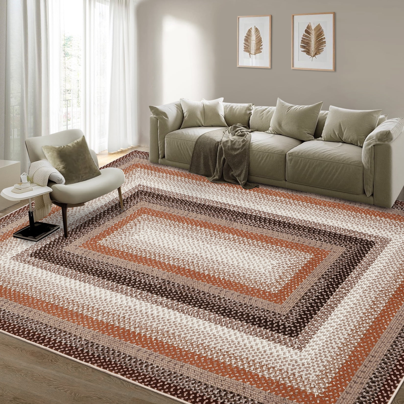 HOMERRY Braided Print Border Non Slip Area Rug 9' x 12' for Living Room Washable Indoor Carpet, Brown/Orange