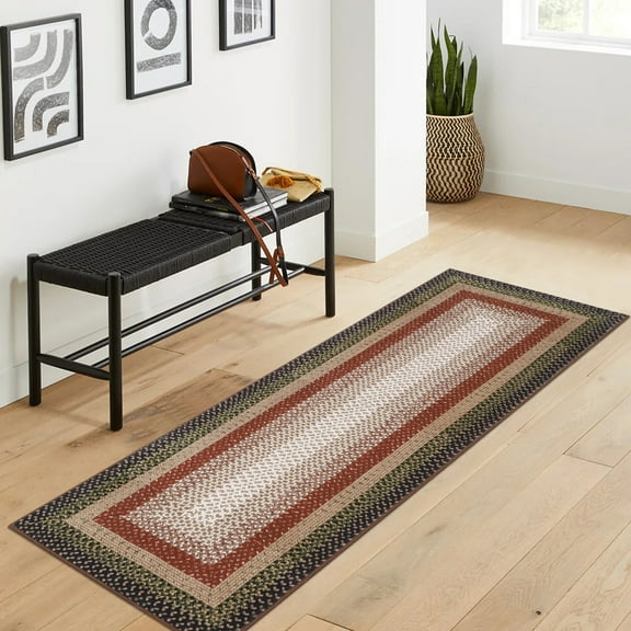 HOMERRY Braided Print Border Runner 2' x 10' for Hallway Modern Washable Throw Rugs for Kitchen Indoor Carpet, Black Red