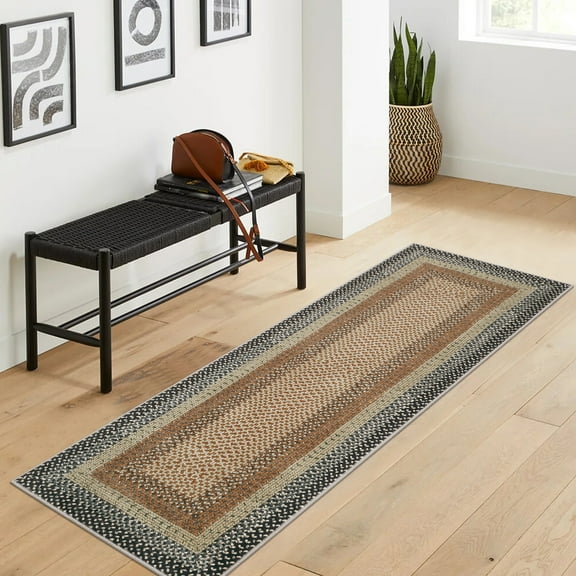 HOMERRY Braided Print Border Runner 2' x 10' for Hallway Modern Washable Throw Rugs for Kitchen Indoor Carpet, Green/Orange