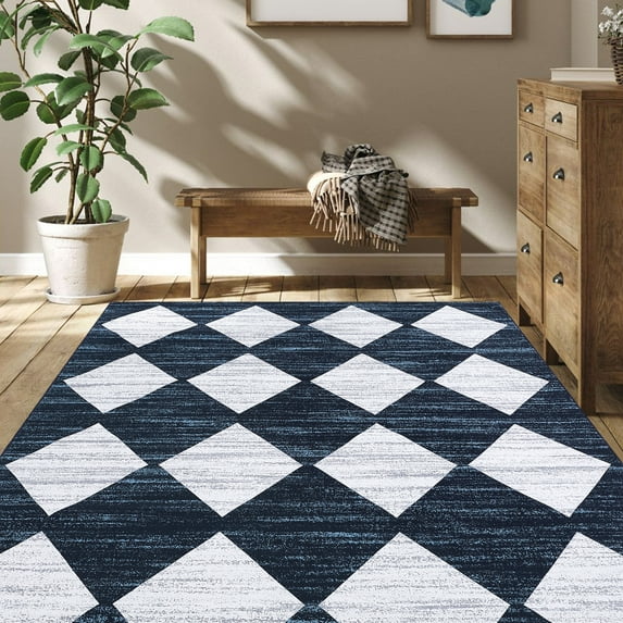 HOMERRY Dark Blue 9x12 Area Rug Geometric Rugs for Living Room Washable Modern Trellis Carpet for Bedroom