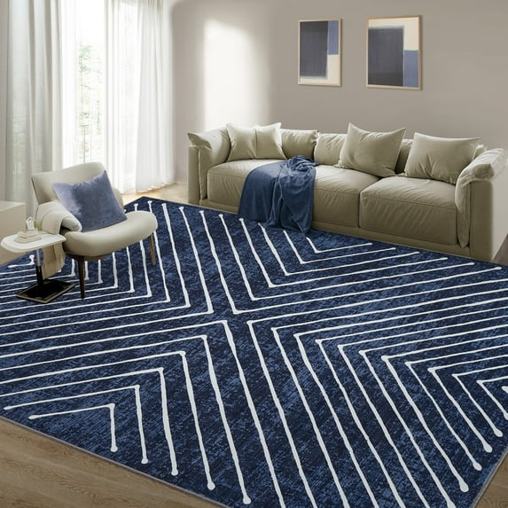 HOMERRY Dining Room Rug 9' x 12' Area Rug for Living Room Striped Geometric Washable Bedroom Non-Slip Carpet for Home Decor, Navy