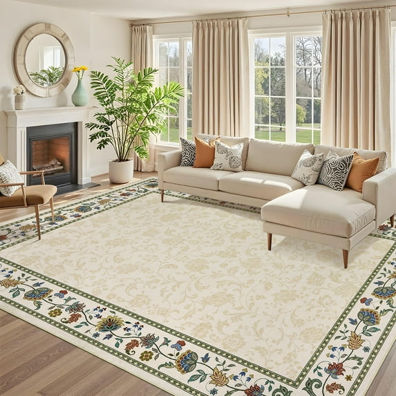 HOMERRY Floral Beige Rug for Living Room 5x7 Washable Border Bedroom Indoor Vintage Carpet