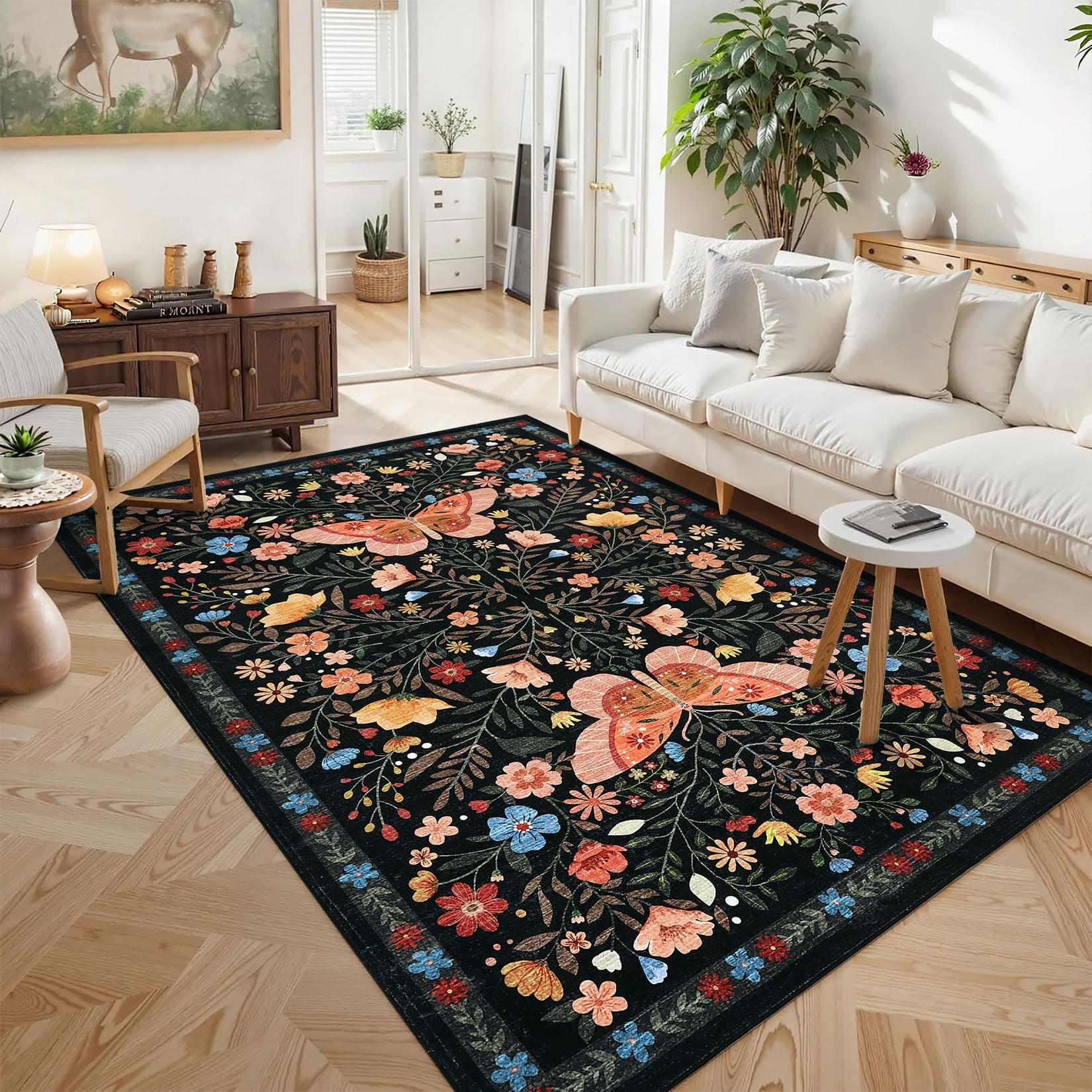 HOMERRY Floral Black Rug for Living Room 10x13 Washable Butterfly Pattern Bedroom Indoor Modern Carpet