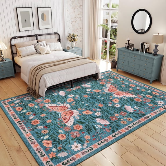HOMERRY Floral Blue Rug for Living Room 4x6 Washable Butterfly Pattern Bedroom Indoor Modern Carpet