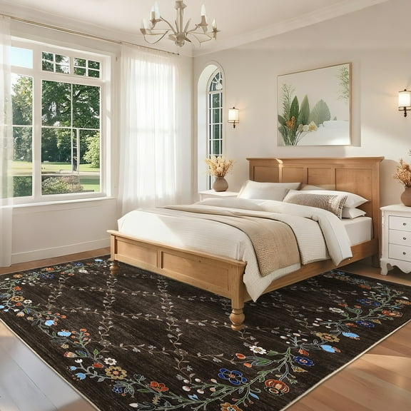 HOMERRY Floral Border Print Non Slip Area Rug 10' x 13' for Living Room Washable Indoor Carpet, Dark Brown