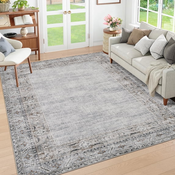 HOMERRY Floral Border Print Non Slip Area Rug 10' x 13' for Living Room Washable Indoor Carpet, Green/Gray