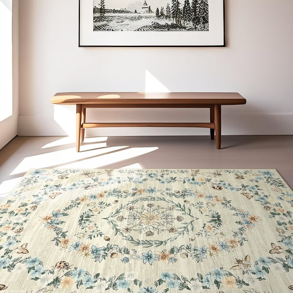 HOMERRY Floral Border Print Non Slip Area Rug 8' x 10' for Living Room Washable Indoor Carpet, Beige