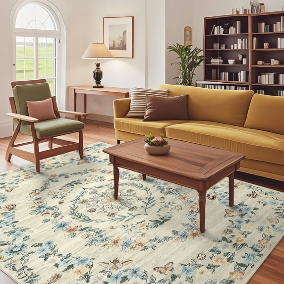 HOMERRY Floral Border Print Non Slip Area Rug 9' x 12' for Living Room Washable Indoor Carpet, Beige