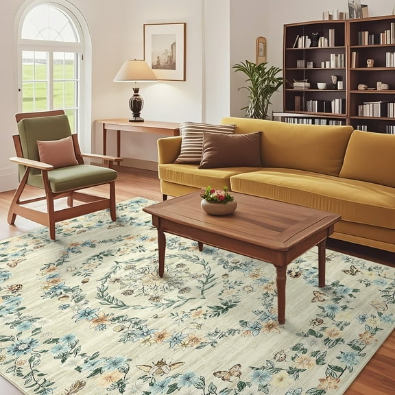 HOMERRY Floral Border Print Non Slip Area Rug 9' x 12' for Living Room Washable Indoor Carpet, Beige