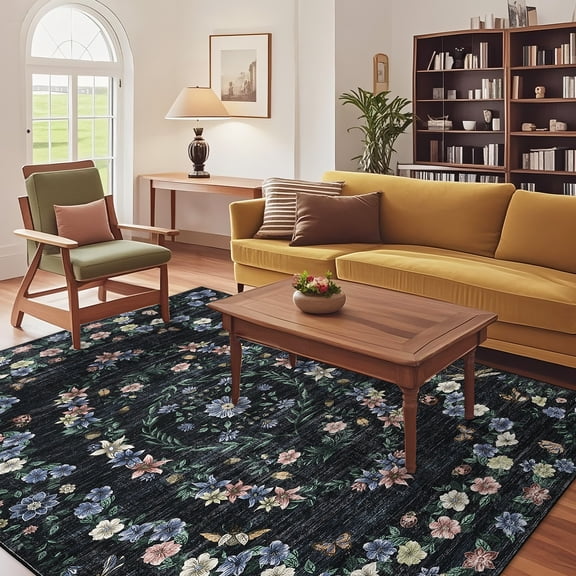 HOMERRY Floral Border Print Non Slip Area Rug 9' x 12' for Living Room Washable Indoor Carpet, Black