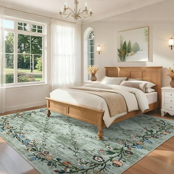 HOMERRY Floral Border Print Non Slip Area Rug 9' x 12' for Living Room Washable Indoor Carpet, Green