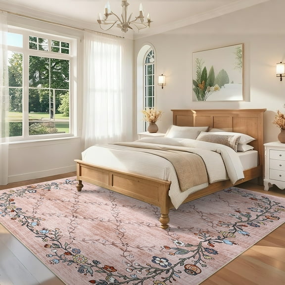 HOMERRY Floral Border Print Non Slip Area Rug 9' x 12' for Living Room Washable Indoor Carpet, Pink