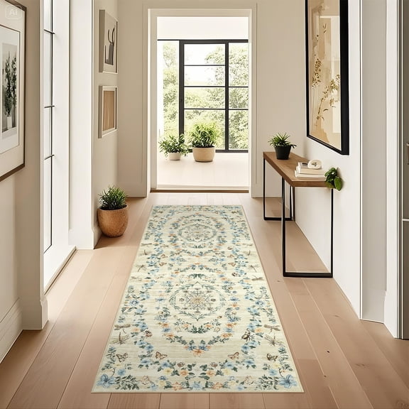 HOMERRY Floral Border Print Runner 2' x 6' for Hallway Modern Washable Throw Rug for Kitchen Indoor Carpet, Beige