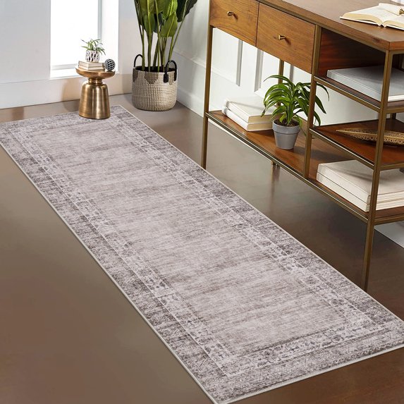 HOMERRY Floral Border Print Runner 2' x 6' for Hallway Modern Washable Throw Rugs for Kitchen Indoor Carpet, Beige/Camel