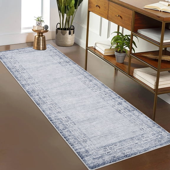 HOMERRY Floral Border Print Runner 2' x 6' for Hallway Modern Washable Throw Rugs for Kitchen Indoor Carpet, Blue