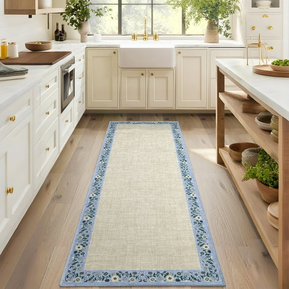 HOMERRY Floral Border Runner 2' x 6' for Hallway Modern Washable Throw Rugs for Kitchen Indoor Carpet, Beige