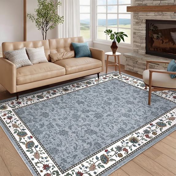 HOMERRY Floral Gray Rug for Living Room 9x12 Washable Border Bedroom Indoor Vintage Carpet
