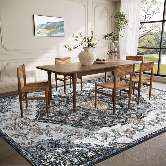 HOMERRY Floral Print Non Slip Area Rug 10' x 13' for Living Room Washable Indoor Carpet, Black