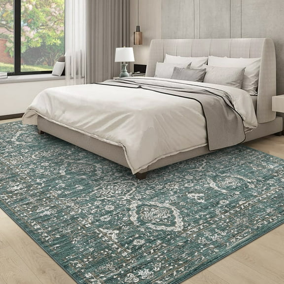 HOMERRY Floral Print Non Slip Area Rug 10' x 13' for Living Room Washable Indoor Carpet, Dark Teal