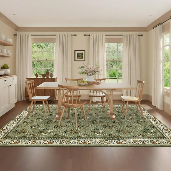 HOMERRY Floral Print Non Slip Area Rug 10' x 13' for Living Room Washable Indoor Carpet, Green