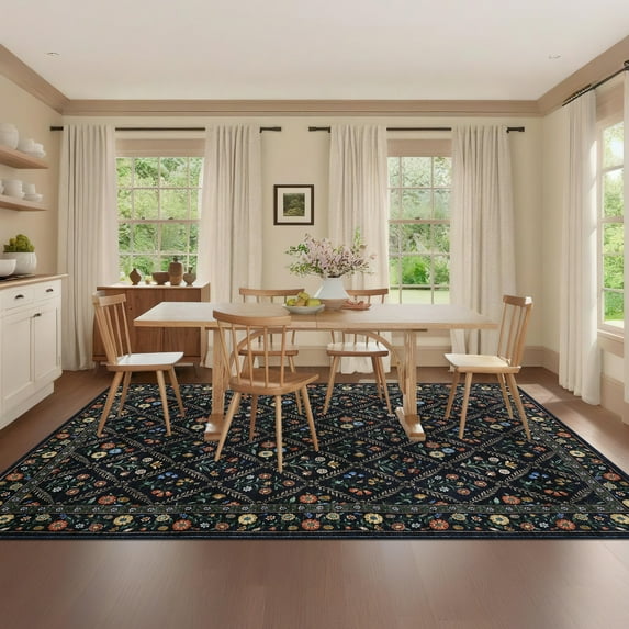 HOMERRY Floral Print Non Slip Area Rug 10' x 13' for Living Room Washable Indoor Carpet, Navy