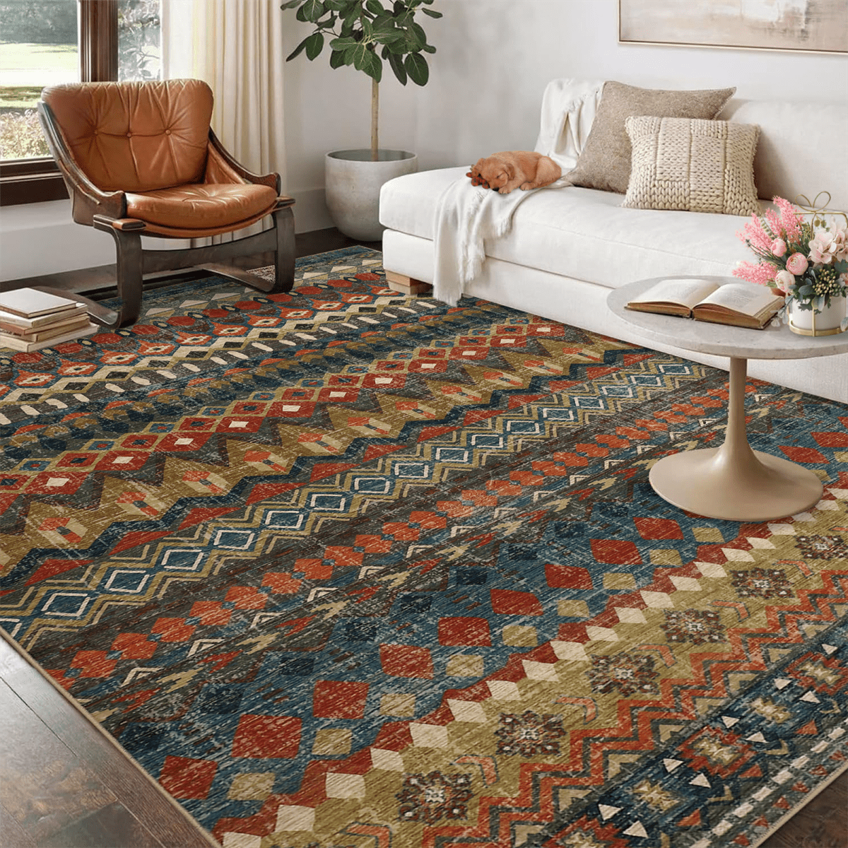 HOMERRY Floral Print Non Slip Area Rug 10' x 13' for Living Room Washable Indoor Carpet, Red/Brown
