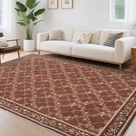 HOMERRY Floral Print Non Slip Area Rug 10' x 13' for Living Room Washable Indoor Carpet, Red