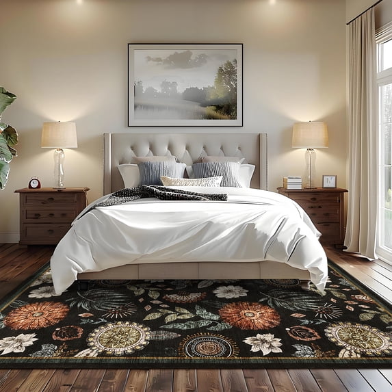 HOMERRY Floral Print Non Slip Area Rug 10' x 14' for Living Room Washable Indoor Carpet, Black
