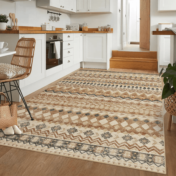 HOMERRY Floral Print Non Slip Area Rug 8' x 10' for Living Room Washable Indoor Carpet, Beige/Yellow