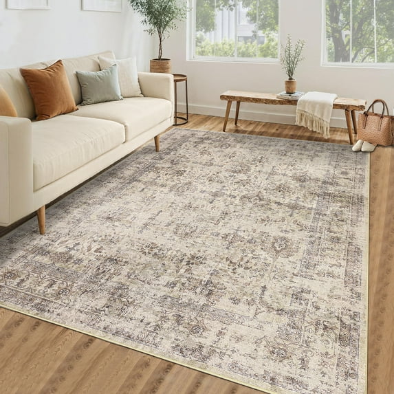 HOMERRY Floral Print Non Slip Area Rug 8' x 10' for Living Room Washable Indoor Carpet, Beige