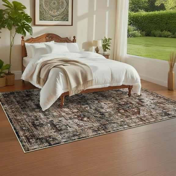 HOMERRY Floral Print Non Slip Area Rug 8' x 10' for Living Room Washable Indoor Carpet, Brown