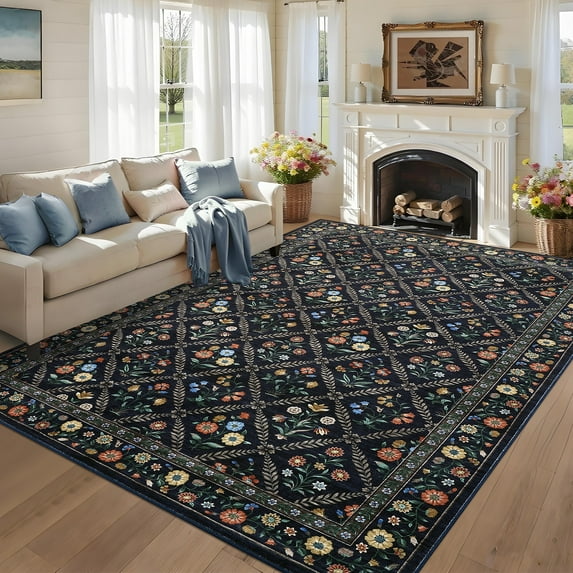 HOMERRY Floral Print Non Slip Area Rug 8' x 10' for Living Room Washable Indoor Carpet, Navy