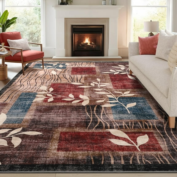 HOMERRY Floral Print Non Slip Area Rug 8' x 10' for Living Room Washable Indoor Carpet, Red/Brown