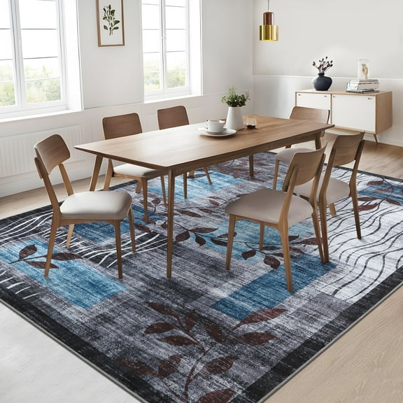 HOMERRY Floral Print Non Slip Area Rug 9' x 12' for Living Room Washable Indoor Carpet, Blue/Gray