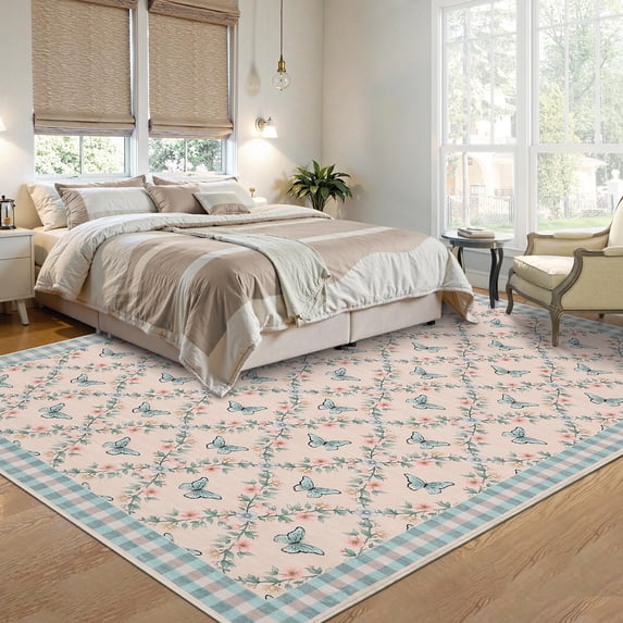 HOMERRY Floral Print Non Slip Area Rug 9' x 12' for Living Room Washable Indoor Carpet, Blue/Pink