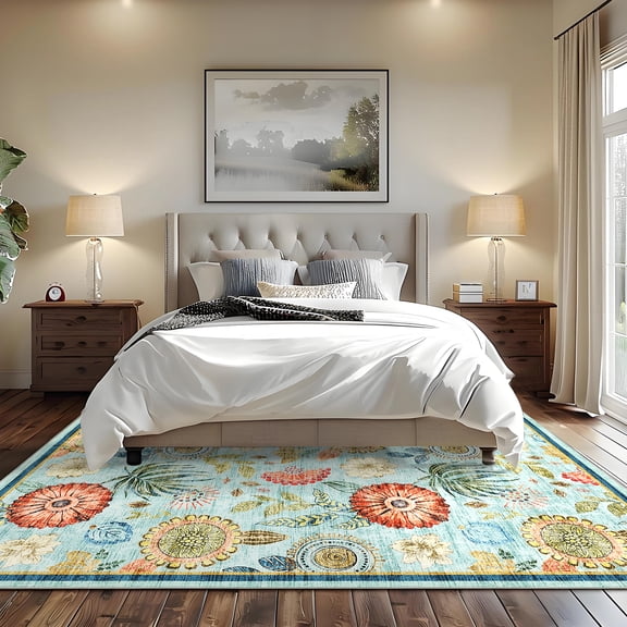 HOMERRY Floral Print Non Slip Area Rug 9' x 12' for Living Room Washable Indoor Carpet, Blue