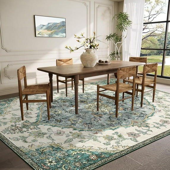 HOMERRY Floral Print Non Slip Area Rug 9' x 12' for Living Room Washable Indoor Carpet, Green