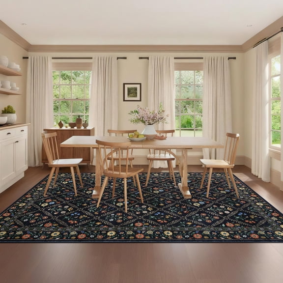 HOMERRY Floral Print Non Slip Area Rug 9' x 12' for Living Room Washable Indoor Carpet, Navy