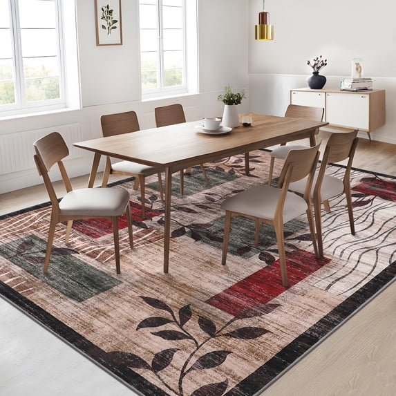HOMERRY Floral Print Non Slip Area Rug 9' x 12' for Living Room Washable Indoor Carpet, Red/Green