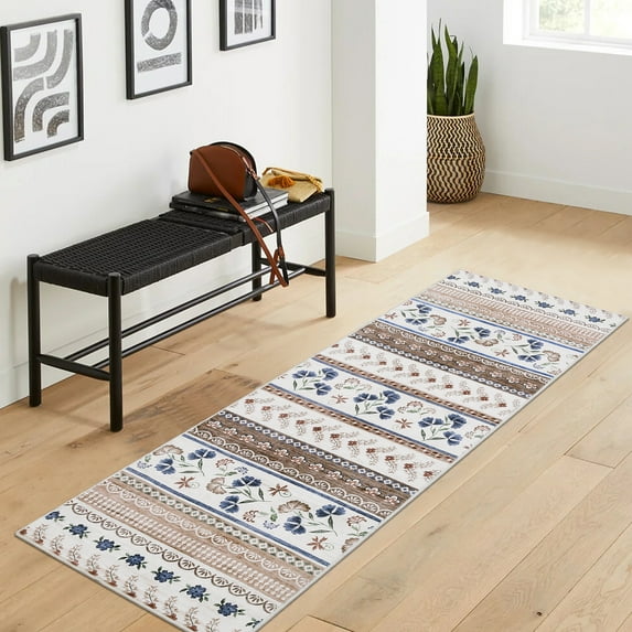 HOMERRY Floral Print Runner 2' x 6' for Hallway Modern Washable Throw Rugs for Kitchen Indoor Carpet, Brown Beige