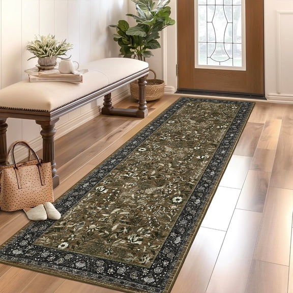 HOMERRY Floral Print Runner 2' x 6' for Hallway Modern Washable Throw Rugs for Kitchen Indoor Carpet, Brown