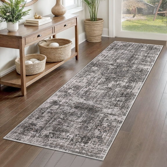HOMERRY Floral Print Runner 2' x 6' for Hallway Modern Washable Throw Rugs for Kitchen Indoor Carpet, Gray