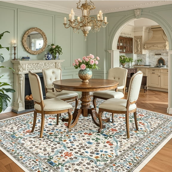 HOMERRY Floral Rug 4' x 6' Area Rug for Living Room Washable Soft Modern Indoor Carpet, Beige
