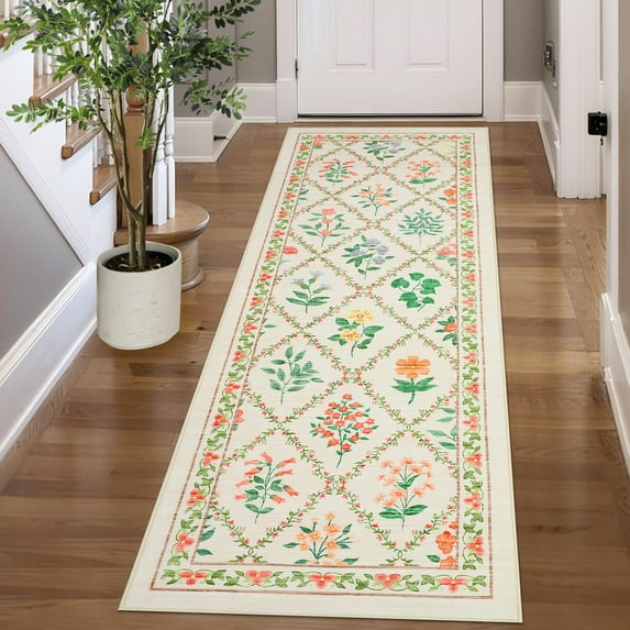 HOMERRY Floral Runner 2' x 6' for Hallway Modern Washable Throw Rugs for Kitchen Indoor Carpet, Beige