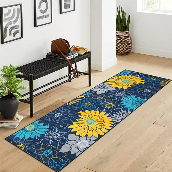 HOMERRY Floral Runner Rug 2' x 6' Washable Non-Slip Laundry Room Rug Throw Low-Plie Carpet Runner for Bedroom Bathroom Living Room, Blue