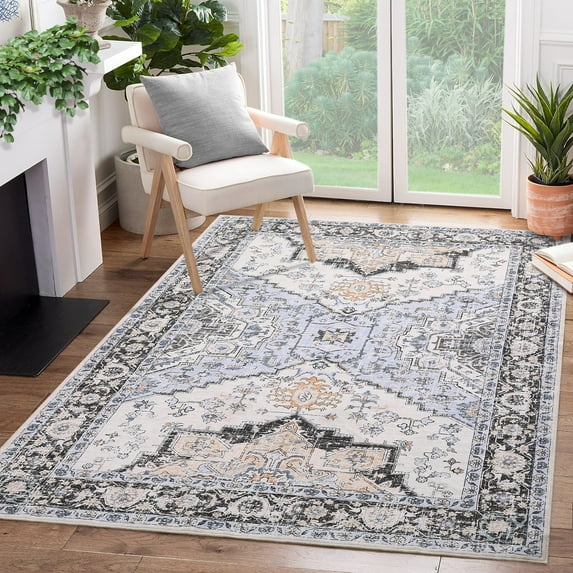 HOMERRY Foldable Area Rug 5' x 7' Washable Distressed Boho Floral Rug for Living Room, Blue