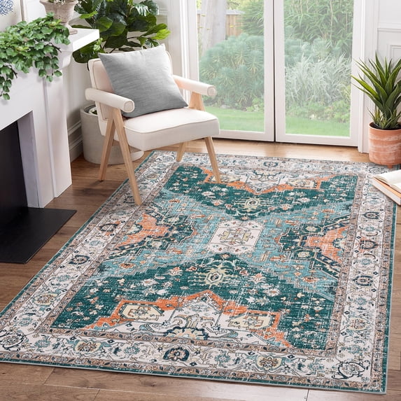 HOMERRY Foldable Area Rug 5' x 7' Washable Distressed Boho Floral Rug for Living Room, Green