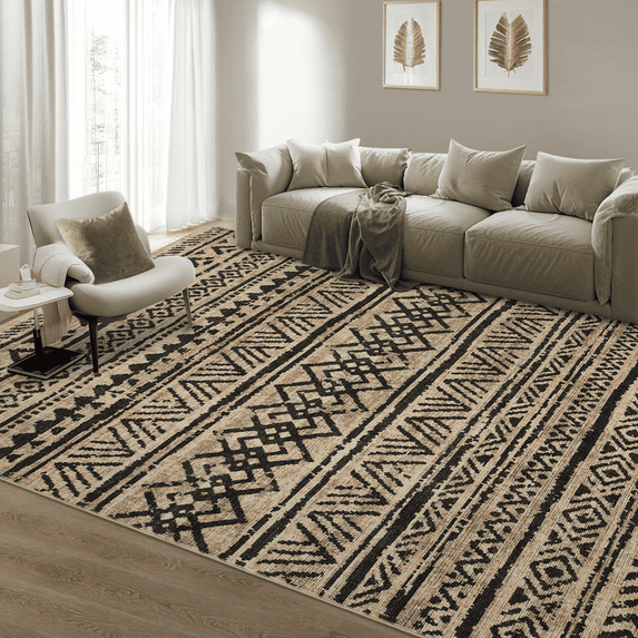 HOMERRY Foldable Area Rug 5' x 7' Washable Distressed Boho Indoor Carpet for Living Room, Brown/Black