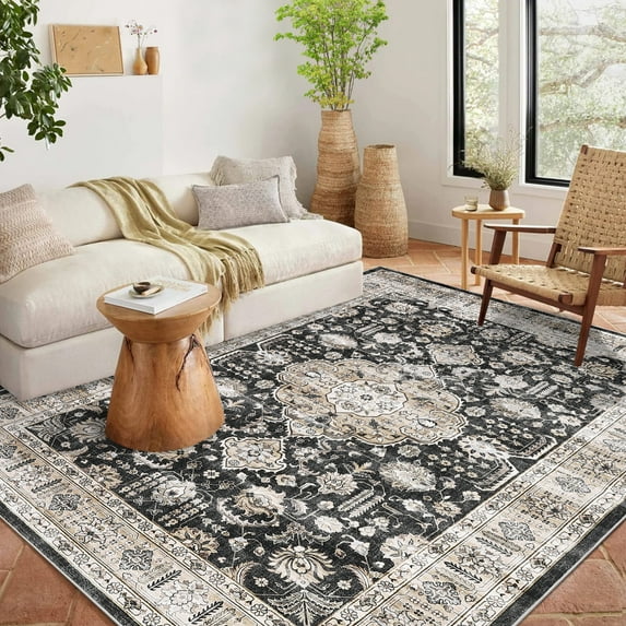 HOMERRY Foldable Area Rug 6' x 9' Washable Floral Geometric Rug for Living Room, Black