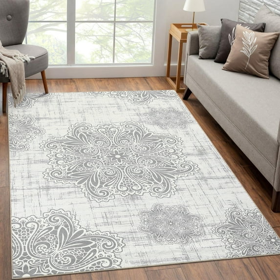 HOMERRY Foldable Area Rug 5' x 7' Washable Floral Geometric Rug Anti-Slip Backing Rugs for Living Room, Gray